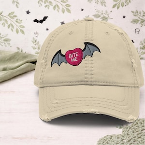Bite Me Dad Hat: Gothic Valentine Candy Heart with Bat Wings Embroidered Cap