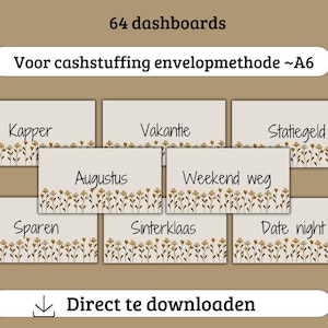 Puede incluir: 64 sobres imprimibles con diseños florales y texto en holandés, incluyendo "Kapper", "Vakantie", "Statiegeld", "Weekend weg", "Augustus", "Sparen", "Sinterklaas" y "Date night".