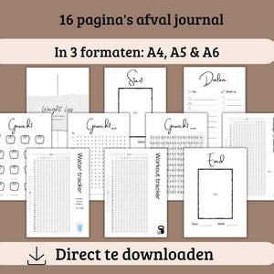 Op de afbeelding: Een printbaar afvaljournaal met 16 pagina's in drie formaten: A4, A5 en A6. Het journaal bevat secties voor het bijhouden van gewicht, waterinname, trainingen, slaap en doelen. De tekst "Direct te downloaden" staat onderaan de afbeelding.