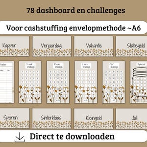 Op de afbeelding: Een printbare set van 78 cash stuffing enveloppen voor budgetteren. De enveloppen zijn ontworpen met een bloemenpatroon en bevatten categorieën zoals "Kapper", "Verjaardag", "Vakantie", "Statiegeld", "Sparen", "Sinterklaas", "Kleingeld" en "Juli".