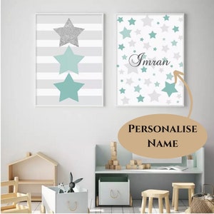 Personalised Name Green White Baby Boy Wall Art Canvas Print For Nursery Room Poster Painting Picture Home Decor Kids Children Decoration