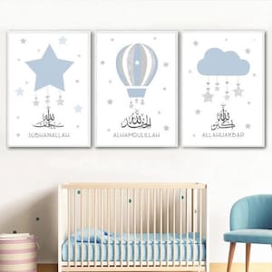 Islamische Wand Kunst Blau Rosa Beige Gold Sterne Heißluftballon Kinder Poster Kinderzimmer Leinwand Malerei Druck Bild für Kinderzimmer Home Decor