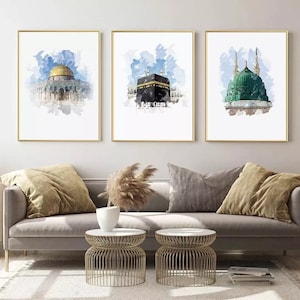 Art mural islamique peinture à l&#39;eau mosquée Kabah dôme de roche Design toile musulman moderne abstrait affiche photo pour salon décor à la maison Eid