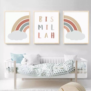 Arte de pared islámico para niños Habitación nube arco iris Bismillah lienzo Guardería Póster Pintura de imagen para niños Habitación Bebé Dibujos animados Decoración del hogar Regalo