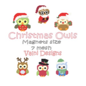 Plastic Canvas, Pattern, Christmas, Owls, Hiboux, Noël, Set of 6 patterns, Magnets, Canvas Plastic, Model, Magnets, 6 models, PDF file