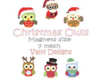 Plastic Canvas, Pattern, Christmas, Owls, Hiboux, Noël, Set of 6 patterns, Magnets, Canvas Plastic, Model, Magnets, 6 models, PDF file