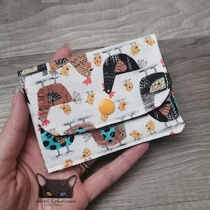 Petit Porte feuille, Porte Cartes, Petite Pochette, Pochette Poules, Porte Cartes d'affaires, Poussin, tissu, coton 100%, fait à la main,