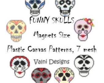 Plastic Canvas Pattern, Skull, Set of 8 patterns, Magnets, Coasters, Canevas Plastique, Pattern, Magnets, Coasters, 8 patterns, PDF file