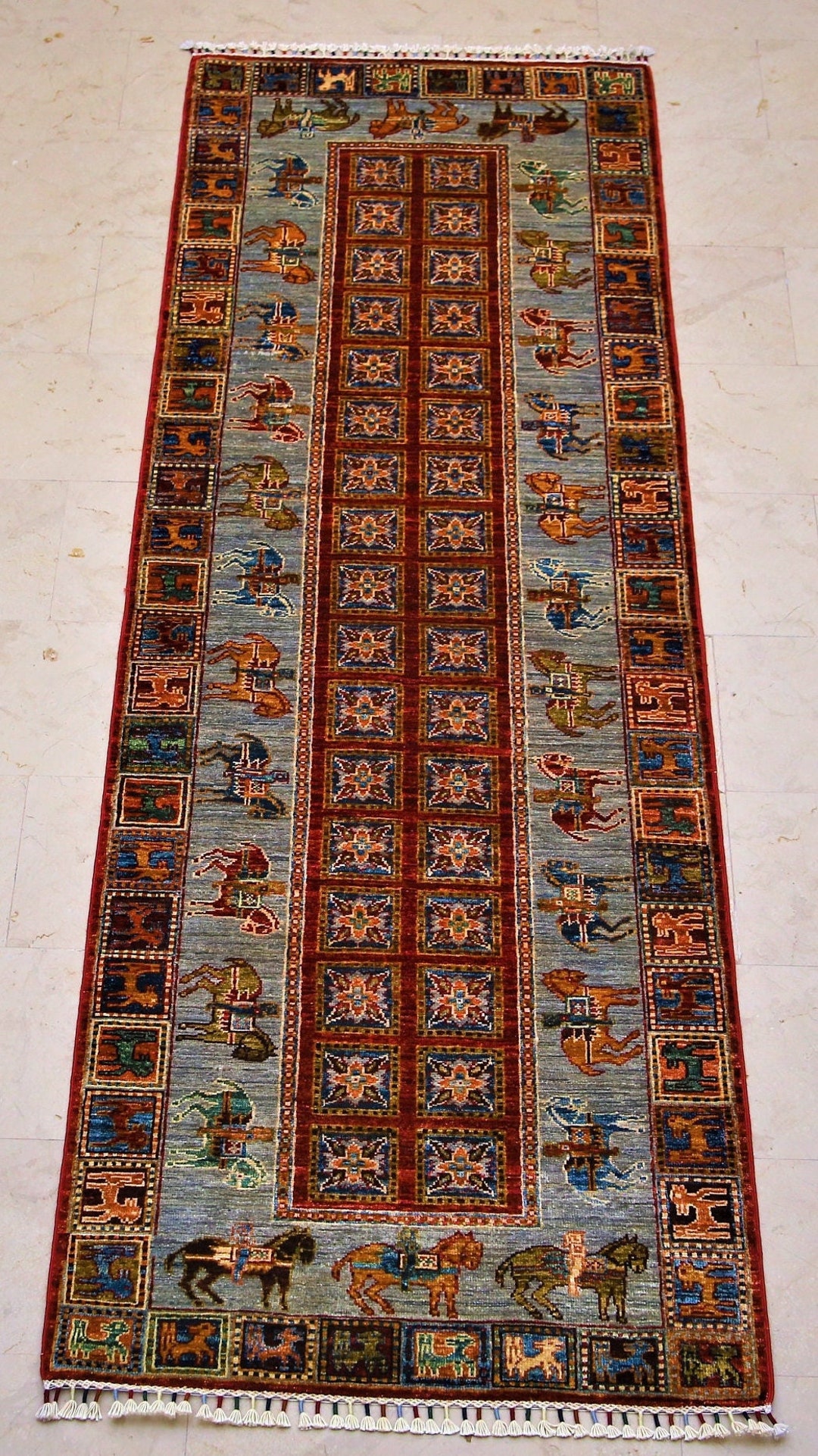 8 Ft Pazyryk Runner Rug Afghan Hand Knotted Animal Design Etsy