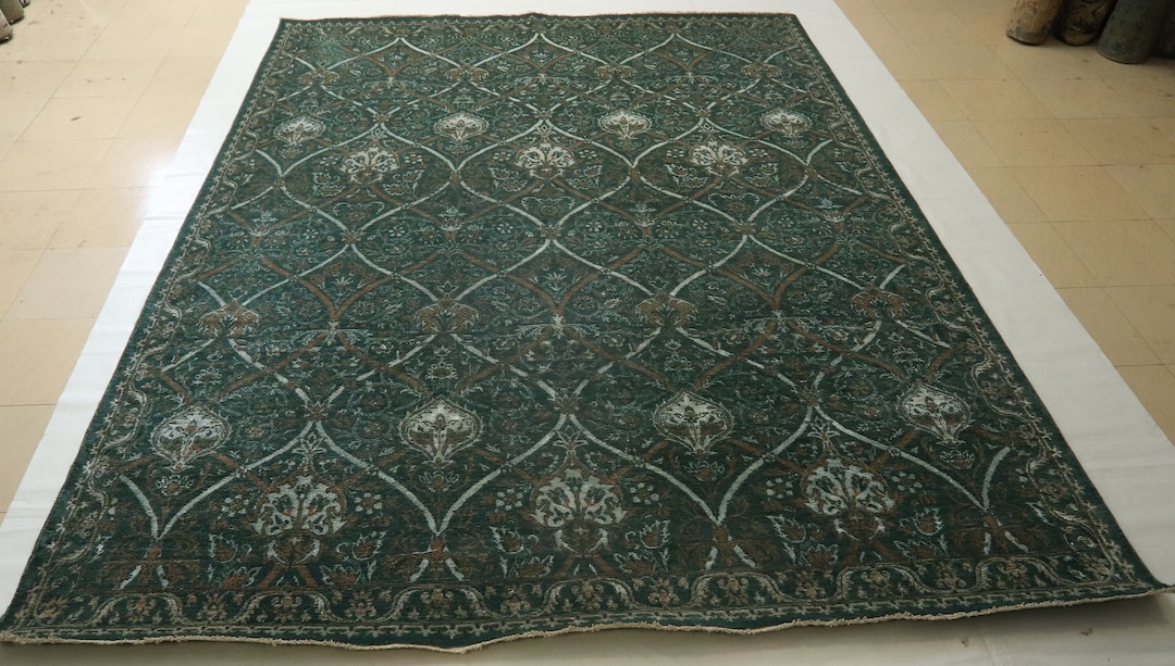 Emerald Green 9x12 Oriental Area Rug Afghan Handmade Contemporary Natural Dyes Wool Rug Lounge