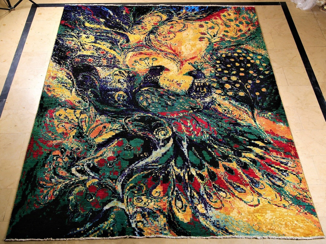 8x10 Peacock Design Modern Area Rug Afghan Hand Knotted Contemporary ...