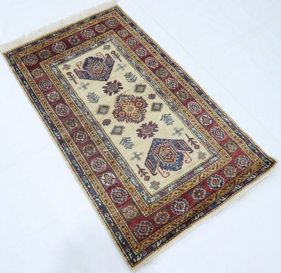 3x4 Geometric Area Rug Handknotted Kazak Natural Dyes Wool Rug