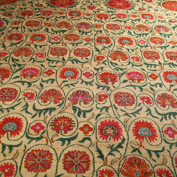 Suzani 9x12 Modern Area Rug - Beige  Afghan Hand Knotted Floral Veg Dyes Wool Rug- Rug For Living Room - Bedroom Rug - Oriental Rug