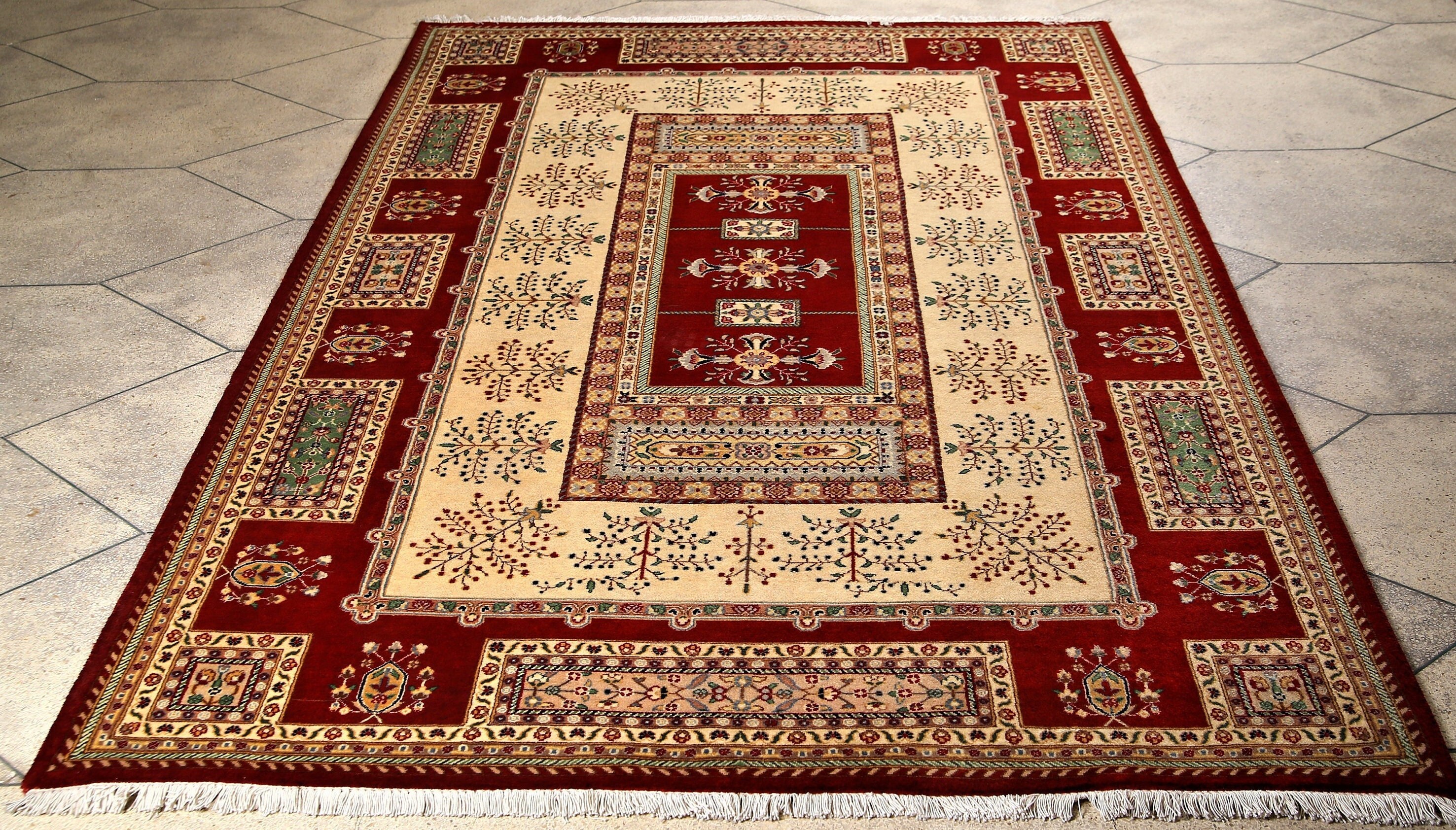 6x8 Persian Style Area Rug Beige and Maroon Area Rug Afghan Hand