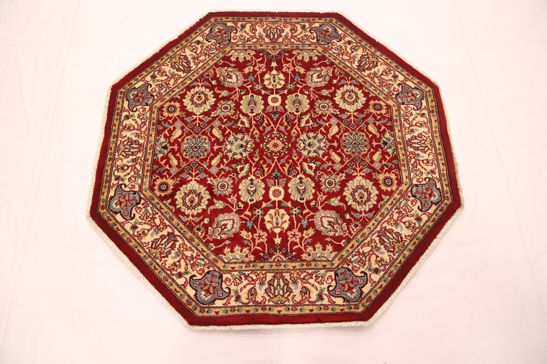 Red 4x4 Ft Persian Style Octagon Shape Rug, Handmade Traditional