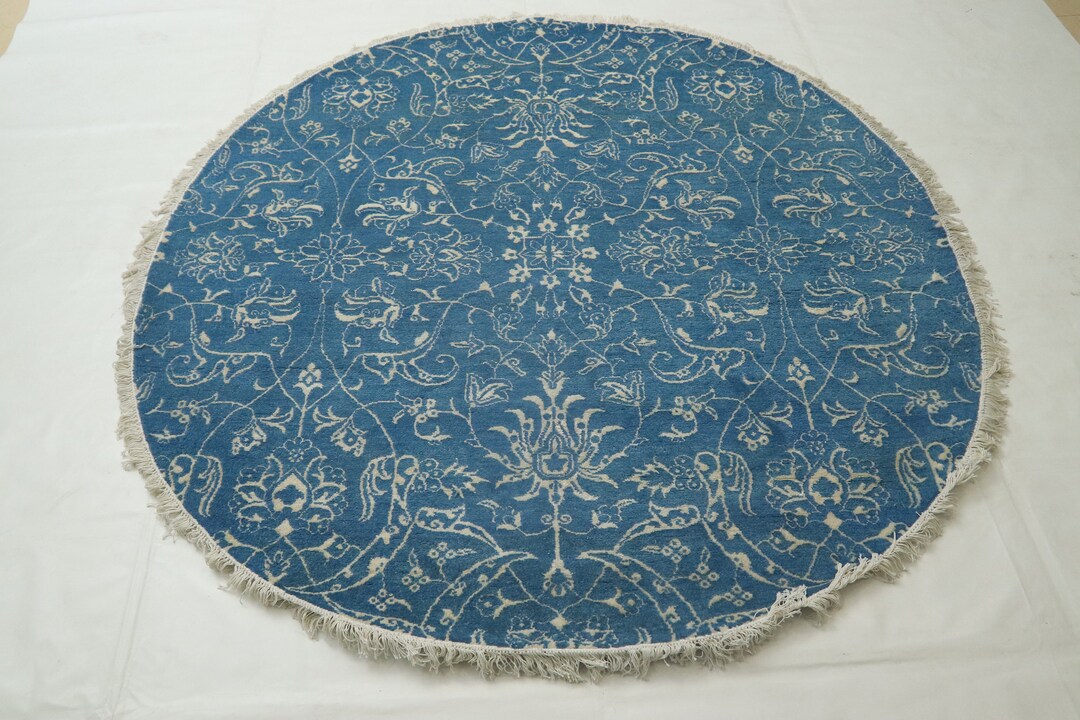 6x6 Floral Round Rug Zinc Blue Afghan Handmade Oriental Rug Etsy