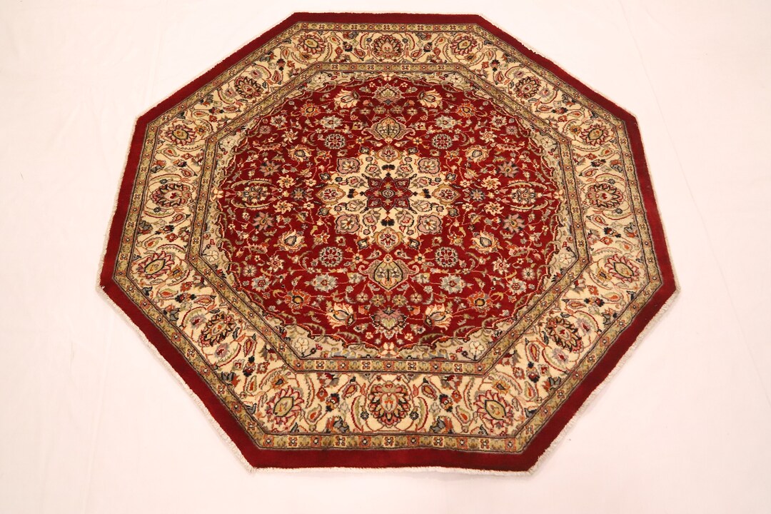 5x5 Ft Red Persian Style Octagon Area Rug Floral Handmade - Etsy