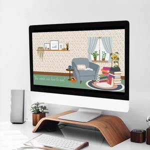 May include: A computer monitor displaying a digital illustration of a cozy living room with a comfy armchair, a stack of books, and a quote that reads "The world was hers to read".