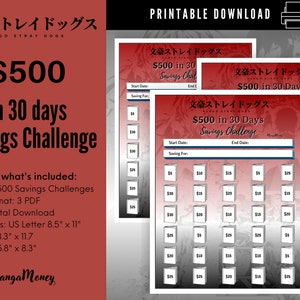 Anime Save 500 Dollars In 30 Days | Anime Savings Challenge | Monthly Savings Challenge | Savings Tracker | Emergency Fund | Printable | PDF