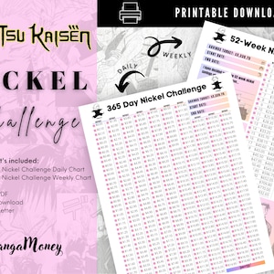 Puede incluir: Tabla de desafío de níquel de 52 semanas imprimible con un objetivo de ahorro de 13.308,75 $. La tabla está diseñada con un esquema de color rosa y blanco y presenta un gráfico de un personaje de la serie de anime Jujutsu Kaisen. La tabla incluye un rastreador diario y semanal para ahorrar níqueles.