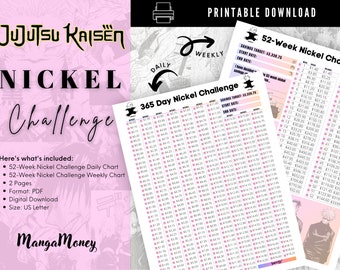 Puede incluir: Tabla de desafío de níquel de 52 semanas imprimible con un objetivo de ahorro de 13.308,75 $. La tabla está diseñada con un esquema de color rosa y blanco y presenta un gráfico de un personaje de la serie de anime Jujutsu Kaisen. La tabla incluye un rastreador diario y semanal para ahorrar níqueles.