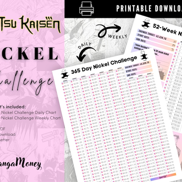 Anime 365 Day Nickel Savings Challenge || 52 Week Savings Challenge ||  Five Cents Per Day Savings Challenge Save 3,339.75 || Printable PDF