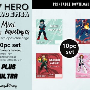 Op de afbeelding: Printbare set van 10 My Hero Academia mini-enveloppen. Elke envelop heeft een ander personage uit de anime, waaronder Izuku Midoriya, Shoto Todoroki, Bakugo Katsuki en Ochako Uraraka. De enveloppen zijn ontworpen om te worden gebruikt voor een 100-enveloppen-uitdaging.