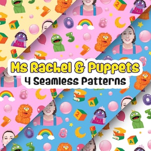 Ms Rachel Patterns, Seamless Digital Paper Printable Patterns Herbie Georgie Julie Ms Rachel and Friends Birthday Party Gift Wrapper Pattern