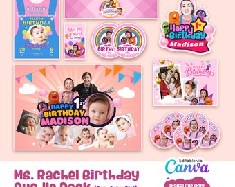 May include: A pink and white birthday party bundle pack for a baby girl. The pack includes a banner, a sign, a t-shirt, a sticker, and a photo collage. The theme is "Happy 1st Birthday Madison".