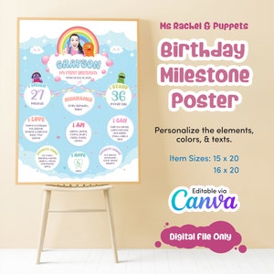 Puede incluir: Un póster de hitos de cumpleaños azul y rosa con un arcoíris y nubes. El póster presenta una foto de un niño, el nombre del niño "Grayson", y detalles sobre su primer cumpleaños, incluyendo su peso, altura y cosas favoritas. El póster es editable a través de Canva y es un archivo digital únicamente.