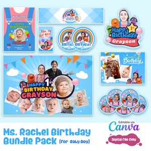 Ms Rachel Birthday Bundle Pack for Boy, Songs for Littles Birthday Decorations Backdrop Invitation Bottle Label Picture Frame Sticker Tags