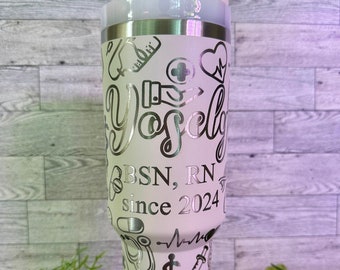 Personalized Nurse Tumbler: Laser Engraved Medical Doodles, 40 oz Quencher