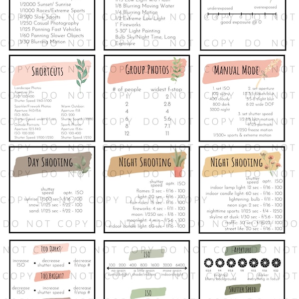 DSLR Cheat Sheet Cards - Boho