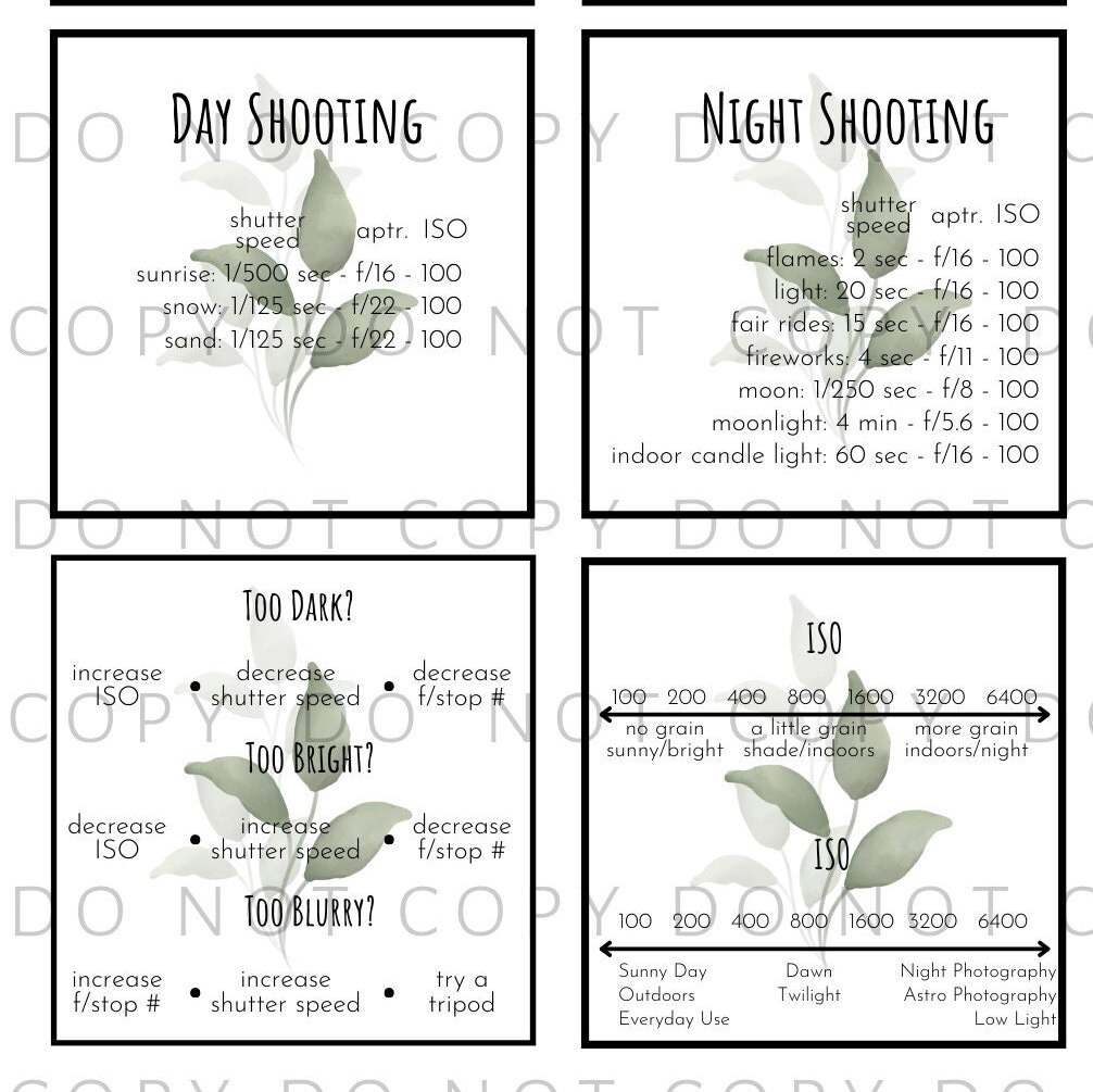 DSLR Cheat Sheet Cards - Greenery - Etsy