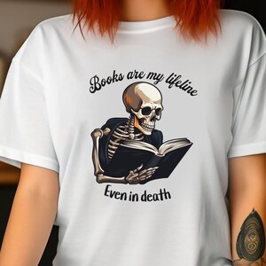 Skeleton reading Tshirt, Halloween book tshirt, gift for book lover, shirt for readers, skeleton reading tee,halloween skeleton,spooky skull
