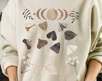 Moth sweatshirt, Sun and Moon,  Academia, Cottagecore Clothing, Goblinecore , Aesthetic Clothing, Flowers, insect sweater