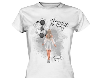 Personlig födelsedags-T-shirt för flickor och kvinnor, 18-årsdag, namn, individuell födelsedagspresent, 20-, 30-, 40-årsdag
