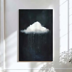 Puede incluir: Gran obra de arte en lienzo enmarcado que representa una nube blanca con lluvia sobre un fondo azul oscuro. La obra de arte se exhibe en una habitación luminosa con una ventana y suelo de madera. La pintura evoca calma.