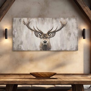 Stampa su tela di cervo - Dipinto moderno con ritratto di cervo | Decorazione murale su tela | Arte murale su tela raffigurante la natura | Arte murale rustica raffigurante la fauna selvatica