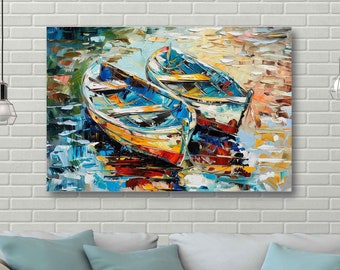 Bootschilderij op canvas, muurfotoprint, kunstwerk, kleurrijke bootsaamhorigheid, canvasmuurkunst, klaar om canvasprint op te hangen