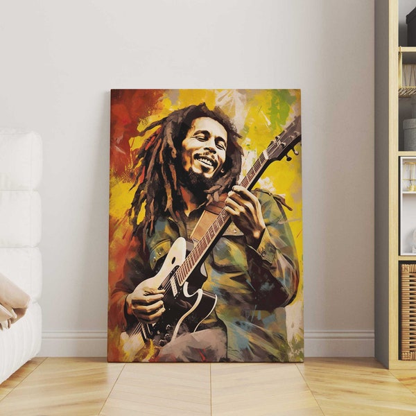 Bob Marley Leinwandbild Wandbild Druck Wandkunst, Reggae Musik, Gitarre Kunst Gemälde, fertig zum Aufhängen Leinwanddruck