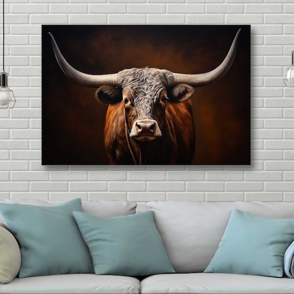 Image sur toile Texas Longhorn, impression murale, peinture animale de vache, art mural sur toile, décoration de chambre, prête à accrocher