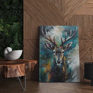 Hirsch Leinwandbild, Wandbild Druck, Abstraktes Wildtier Deer, Leinwand Wandkunst, fertig zum Aufhängen Leinwanddruck