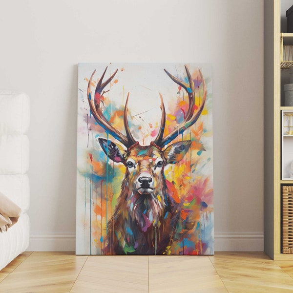 Hirsch Leinwandbild, Wandbild Druck, Abstraktes Wildtier Deer, Leinwand Wandkunst, fertig zum Aufhängen Leinwanddruck