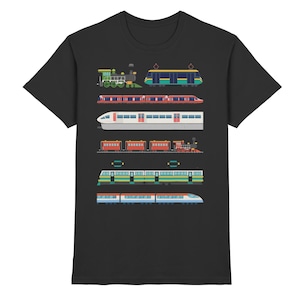 May include: Black t-shirt featuring a colorful illustration of various train types. The design includes a green steam engine, a yellow and blue electric train, a red passenger train, a white train, and a green and white train.