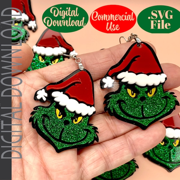 Santa Green Guy Christmas Earrings SVG, digital download green monster earrings, christmas jewerly, christmas svg jewelry, holiday earrings