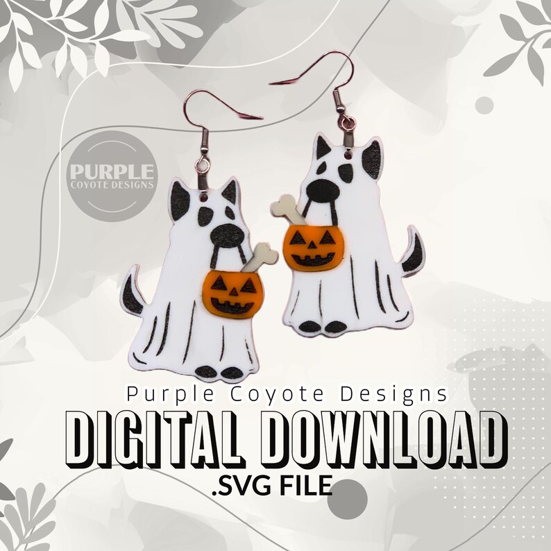 May include: A digital download SVG file of a pair of Halloween ghost dog earrings. The ghosts are white with black eyes and mouths, and they are holding orange pumpkins with black jack-o'-lantern faces. The earrings are on a white background with a floral design.