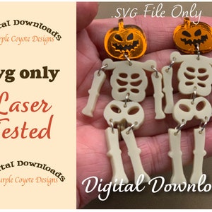 Cute Skeleton Digital Download, acrylic earring digital download, halloween jewelry svg, skeleton earrings, pumpkin head, glowforge, laser