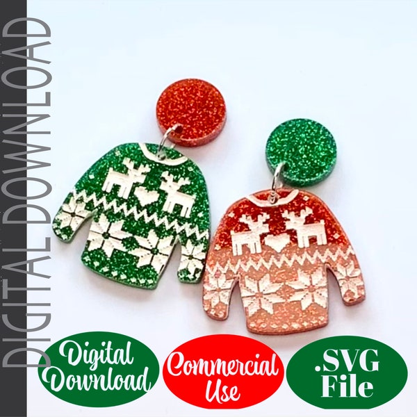 Cute Reindeer Christmas Sweater Earring Digital Download, Ugly Christmas Sweater svg, Adorable Sweater Earrings