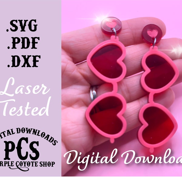 Digital Download Heart Glasses, SVG Heart Retro Glasses Earrings, Sunglass Hearts, Acrylic Earring SVG Download, Hippy Heart Earrings